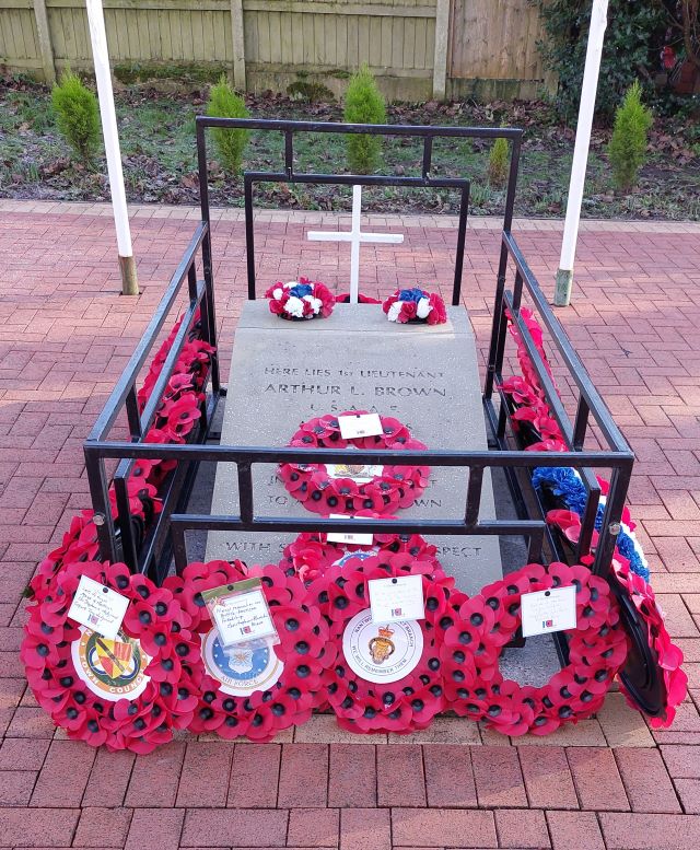 Wreaths left at the memorial of Lieutenant Arthur Leslie Brown on the 80th Anniversary of his death in Nantwich